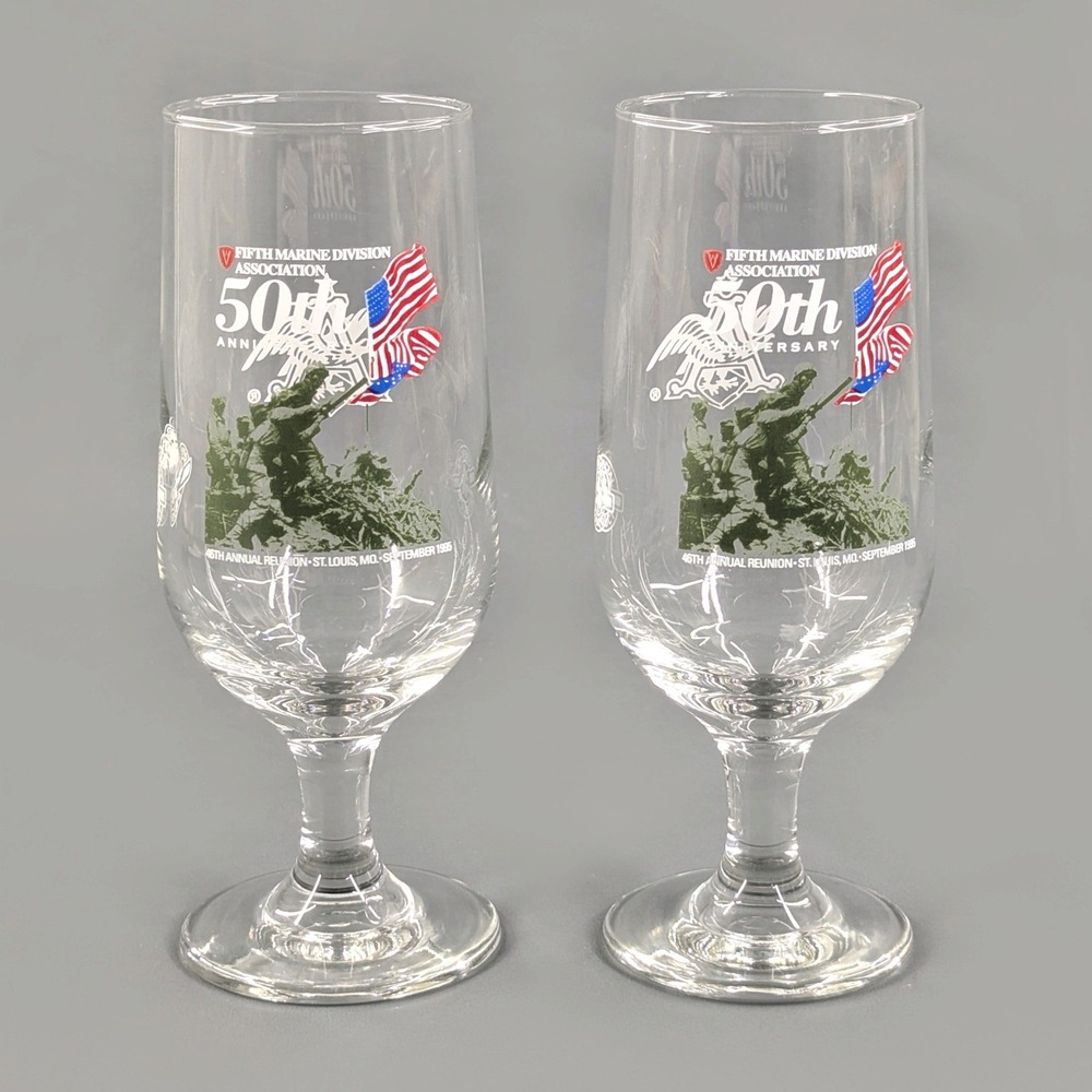 USMC 5th Marine Division 50th Anniversary Beer Glasses 1995 Reunion Set of 2